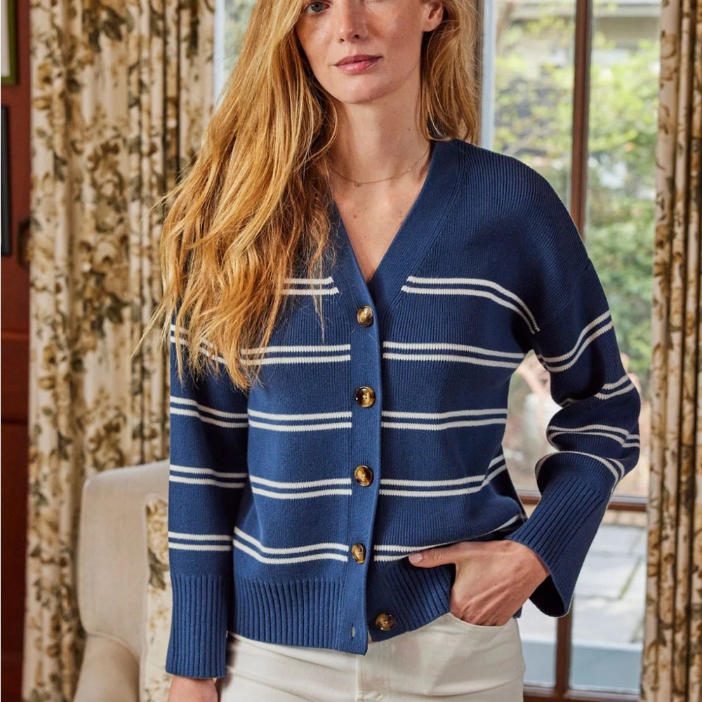 LAKE brand Nora blue Striped Cardigan Sweater Sz xl